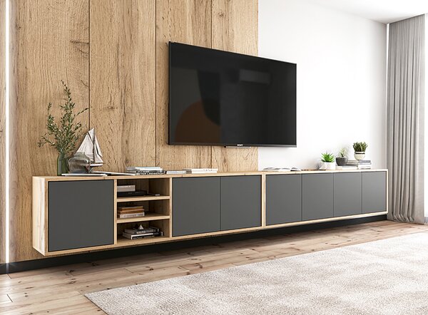 Komplet wiszących szafek rtv dąb wotan + grafit H5-D56