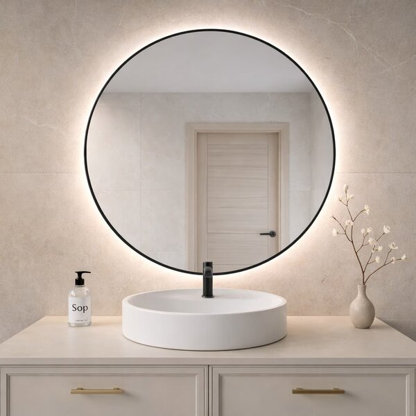 Lustro Okrągłe Led w Czarnej Ramie 50 cm Neutralna Brak Brak