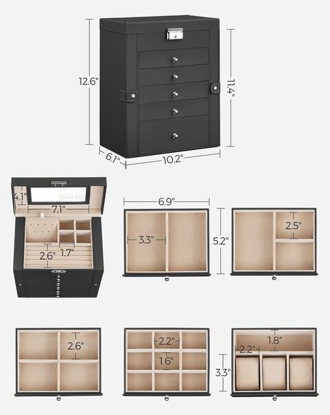 SongmicsHome Szkatułka na biżuterię z lustrem ANETA, 5 szuflad, 26x15,6x32 cm, czarna