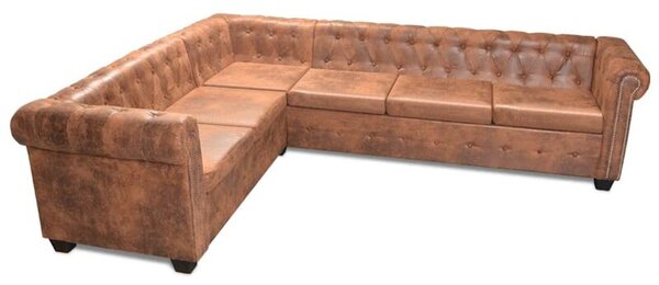Sofa rogowa chesterfield szeÅcioosobowa brÄ zowa, sztuczna skÃ³ra