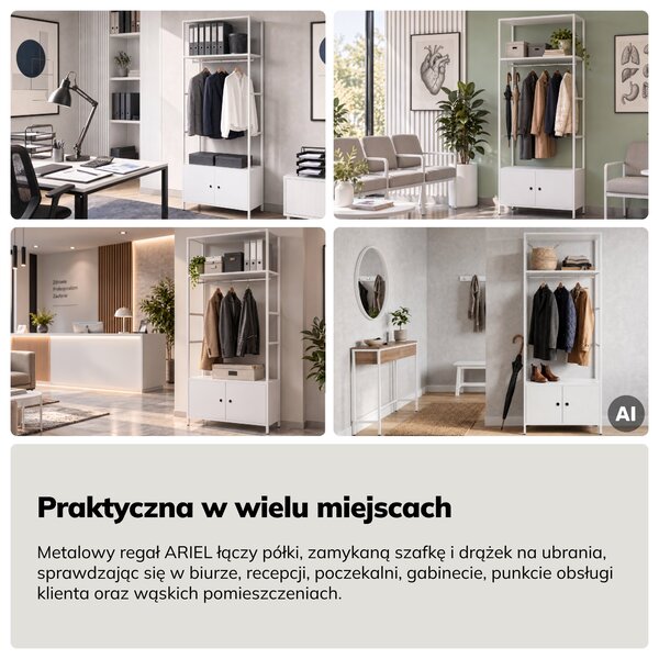 Regał biurowy otwarty z drążkiem na ubrania, do recepcji i poczekalni, metalowy, biały, 800x2200x400 mm: ARIEL