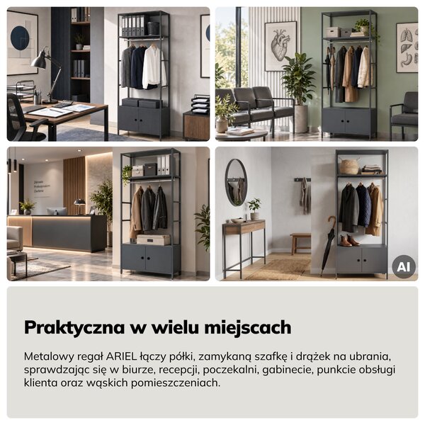 Regał biurowy otwarty z drążkiem na ubrania, do recepcji i poczekalni, metalowy, antracytowy, 800x2200x400 mm: ARIEL