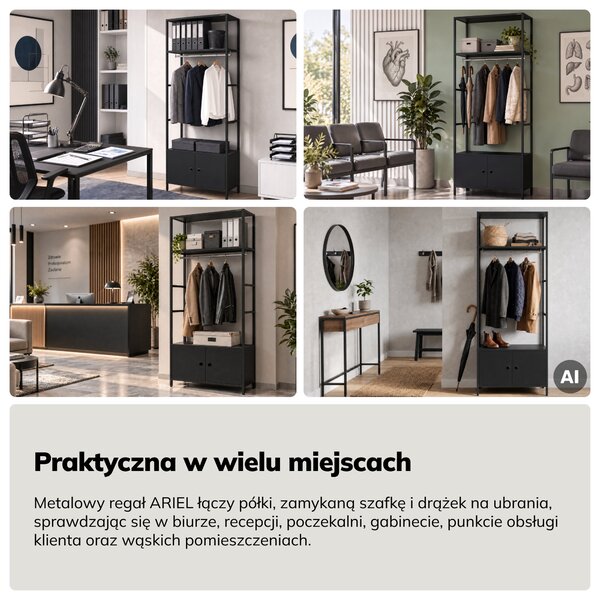 Regał biurowy otwarty z drążkiem na ubrania, do recepcji i poczekalni, metalowy, czarny, 800x2200x400 mm: ARIEL