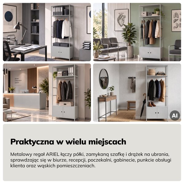 Regał biurowy otwarty z drążkiem na ubrania, do recepcji i poczekalni, metalowy, szary, 800x2200x400 mm: ARIEL