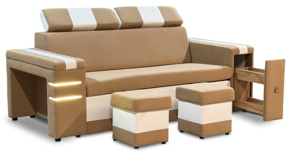 Nowoczesna Sofa KESLER I, podświetlenie + 2 x pufy, ruchome zagłówki