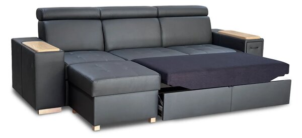 Trzyosobowa sofa Luksor I Relax z regulowanymi zagłówkami, dębową półką pod laptop, wysuwanym barkiem