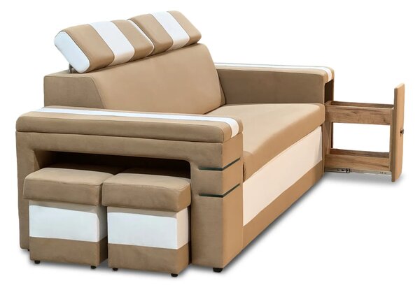 Nowoczesna Sofa KESLER I, podświetlenie + 2 x pufy, ruchome zagłówki