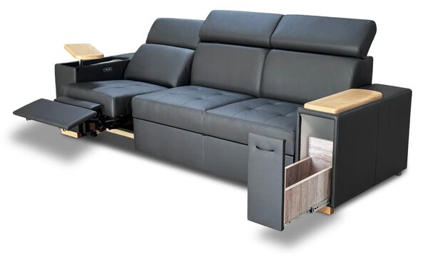 Trzyosobowa sofa Luksor I Relax z regulowanymi zagłówkami, dębową półką pod laptop, wysuwanym barkiem
