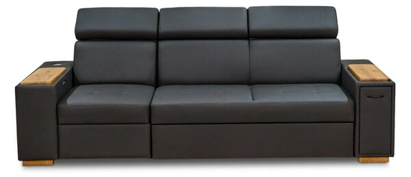 Trzyosobowa sofa Luksor I Relax z regulowanymi zagłówkami, dębową półką pod laptop, wysuwanym barkiem i dębowymi nogami