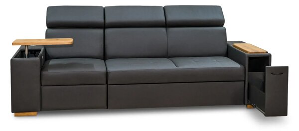 Trzyosobowa sofa Luksor I Relax z regulowanymi zagłówkami, dębową półką pod laptop, wysuwanym barkiem i dębowymi nogami