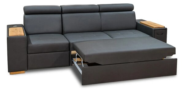 Trzyosobowa sofa Luksor I Relax z regulowanymi zagłówkami, dębową półką pod laptop, wysuwanym barkiem i dębowymi nogami