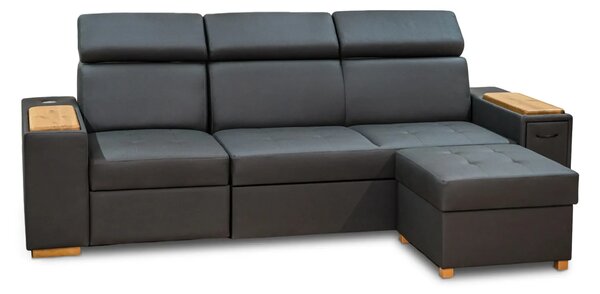 Trzyosobowa sofa Luksor I Relax z regulowanymi zagłówkami, dębową półką pod laptop, wysuwanym barkiem i dębowymi nogami