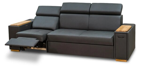 Trzyosobowa sofa Luksor I Relax z regulowanymi zagłówkami, dębową półką pod laptop, wysuwanym barkiem i dębowymi nogami