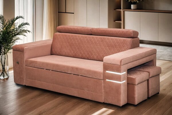 Nowoczesna Sofa KESLER I, podświetlenie + 2 x pufy, ruchome zagłówki