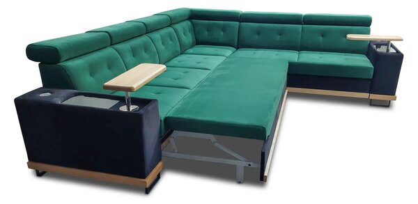 Narożnik Wood I 330/280 cm drewniana rama, 2x półka na laptop funkcja spania