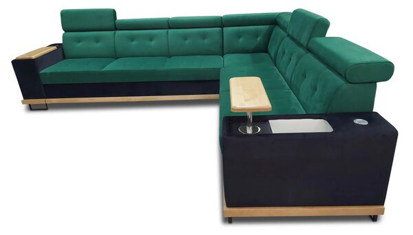 Narożnik Wood I 330/280 cm drewniana rama, 2x półka na laptop funkcja spania