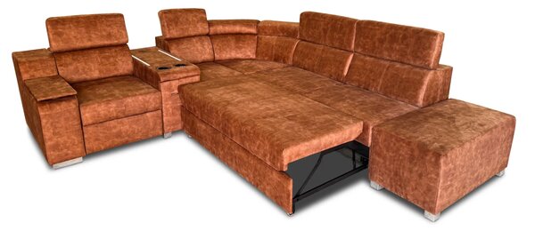 Narożnik do salonu Dublin, kanapa narożna, funkcja spania + pufa 280/250 cm tkanina PREMIUM
