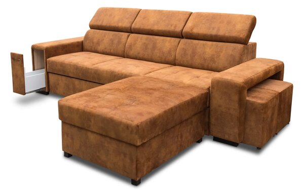 Nowoczesna Sofa KIRA, funkcja spania z pufą, 2 x pufy pod podłokietnikiem, ruchome zagłówki + barek