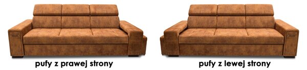 Nowoczesna Sofa KIRA, funkcja spania z pufą, 2 x pufy pod podłokietnikiem, ruchome zagłówki + barek