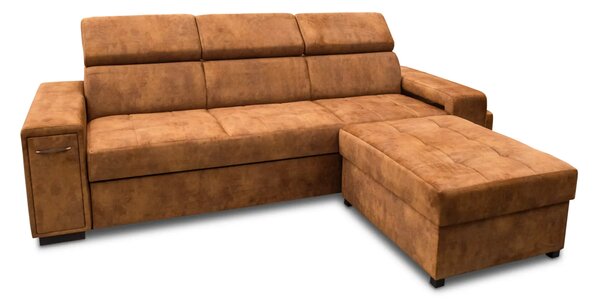 Nowoczesna Sofa KIRA, funkcja spania z pufą, 2 x pufy pod podłokietnikiem, ruchome zagłówki + barek