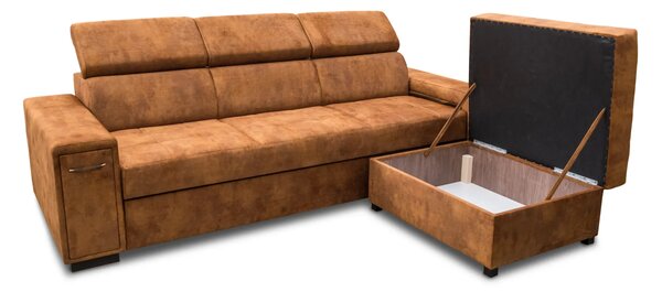 Nowoczesna Sofa KIRA, funkcja spania z pufą, 2 x pufy pod podłokietnikiem, ruchome zagłówki + barek