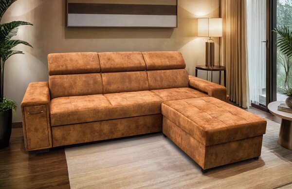 Nowoczesna Sofa KIRA, funkcja spania z pufą, 2 x pufy pod podłokietnikiem, ruchome zagłówki + barek