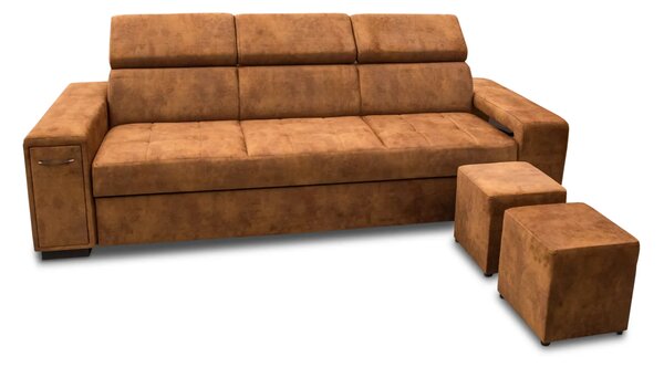 Nowoczesna Sofa KIRA, funkcja spania z pufą, 2 x pufy pod podłokietnikiem, ruchome zagłówki + barek