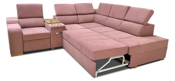 Sofa Rose 4 narożna z fotelem elektrycznym relax z funkcją spania, barek