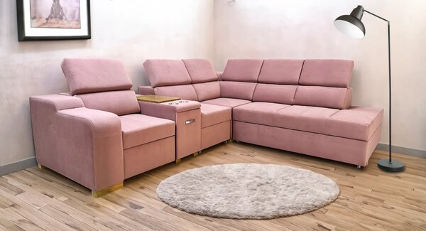 Sofa Rose 4 narożna z fotelem elektrycznym relax z funkcją spania, barek