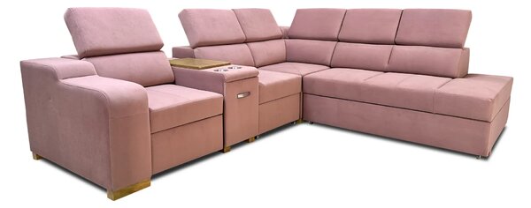 Sofa Rose 4 narożna z fotelem elektrycznym relax z funkcją spania, barek
