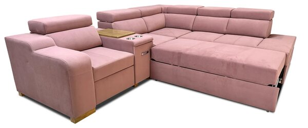 Sofa Rose 4 narożna z fotelem elektrycznym relax z funkcją spania, barek