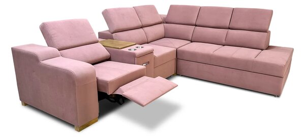 Sofa Rose 4 narożna z fotelem elektrycznym relax z funkcją spania, barek