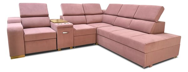 Sofa Rose 4 narożna z fotelem elektrycznym relax z funkcją spania, barek