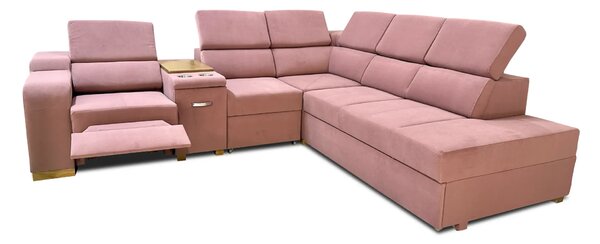Sofa Rose 4 narożna z fotelem elektrycznym relax z funkcją spania, barek