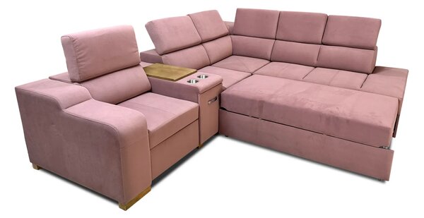Sofa Rose 4 narożna z fotelem elektrycznym relax z funkcją spania, barek