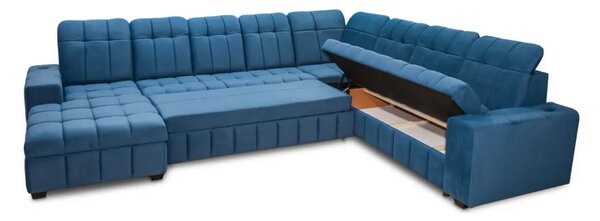 Ekskluzywny narożnik podkowa CHARM II tkanina 180/380/330 cm funkcja spania, pojemnik na pościel, powerport, półki