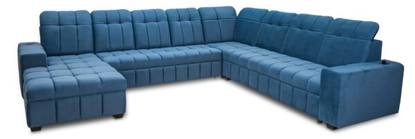 Ekskluzywny narożnik podkowa CHARM II tkanina 180/380/330 cm funkcja spania, pojemnik na pościel, powerport, półki
