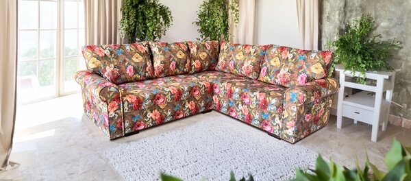 Narożnik AMELIA II 220/220 cm z funkcją spania i schowkiem na pościel print kwiatowy