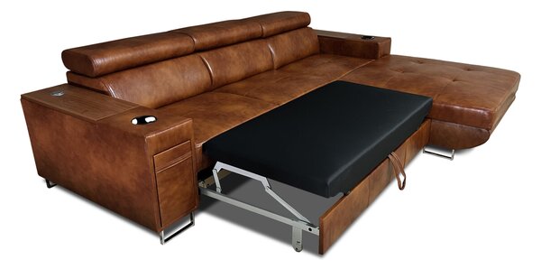 Skórzany narożnik, kanapa narożna 250/210 cm Charlie XI z barkiem, 2 x USB+230V