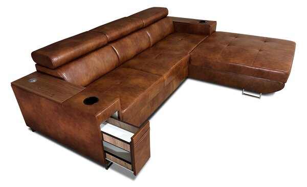 Skórzany narożnik, kanapa narożna 250/210 cm Charlie XI z barkiem, 2 x USB+230V