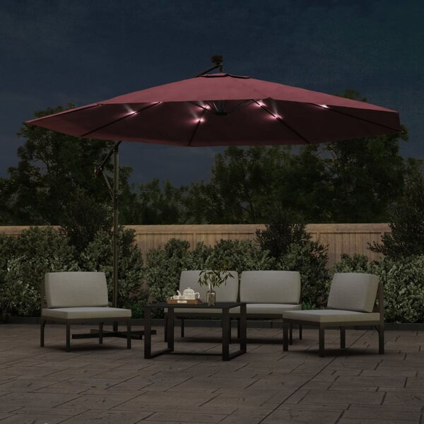 Parasol ogrodowy z LED, wiszący, bordowy, 350 cm