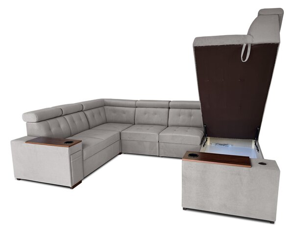 Narożnik rozkładany, uniwersalna podkowa 250/330x250cm cm Tulum VI 2x relax elektryczny + 2x barek