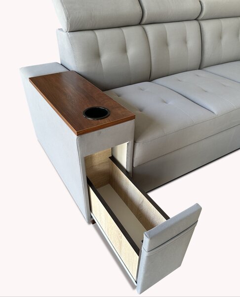 Narożnik rozkładany, uniwersalna podkowa 250/330x250cm cm Tulum VI 2x relax elektryczny + 2x barek