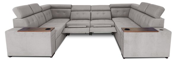 Narożnik rozkładany, uniwersalna podkowa 250/330x250cm cm Tulum VI 2x relax elektryczny + 2x barek