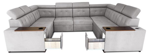 Narożnik rozkładany, uniwersalna podkowa 250/330x250cm cm Tulum VI 2x relax elektryczny + 2x barek