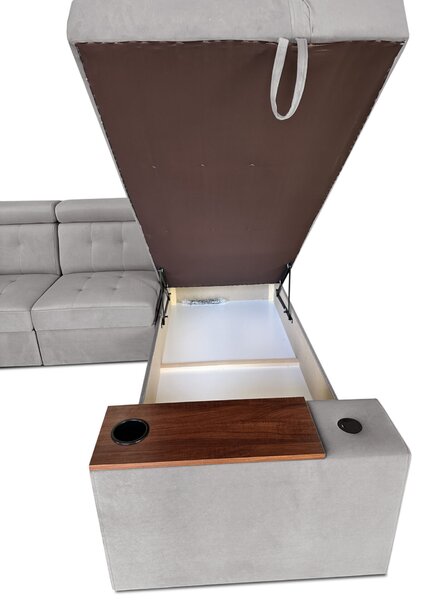 Narożnik rozkładany, uniwersalna podkowa 250/330x250cm cm Tulum VI 2x relax elektryczny + 2x barek
