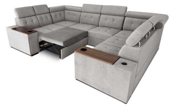 Narożnik rozkładany, uniwersalna podkowa 250/330x250cm cm Tulum VI 2x relax elektryczny + 2x barek