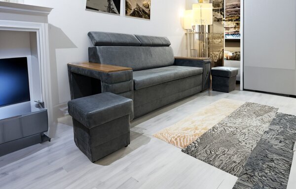 Kanapa rozkładana Kesler II z podświetleniem, ruchome zagłówki + pufy tkanina PREMIUM