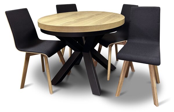Stół z krzesłami, stół rozkładany fi 100 + 2x50 cm LOFT + 4 krzesła LUKA