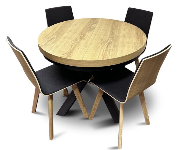 Stół z krzesłami, stół rozkładany fi 100 + 2x50 cm LOFT + 4 krzesła LUKA